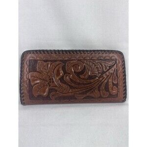 Tooled Brown Leather Unisex Money Wallet Card Checkbook Holder Floral Acorns Vtg